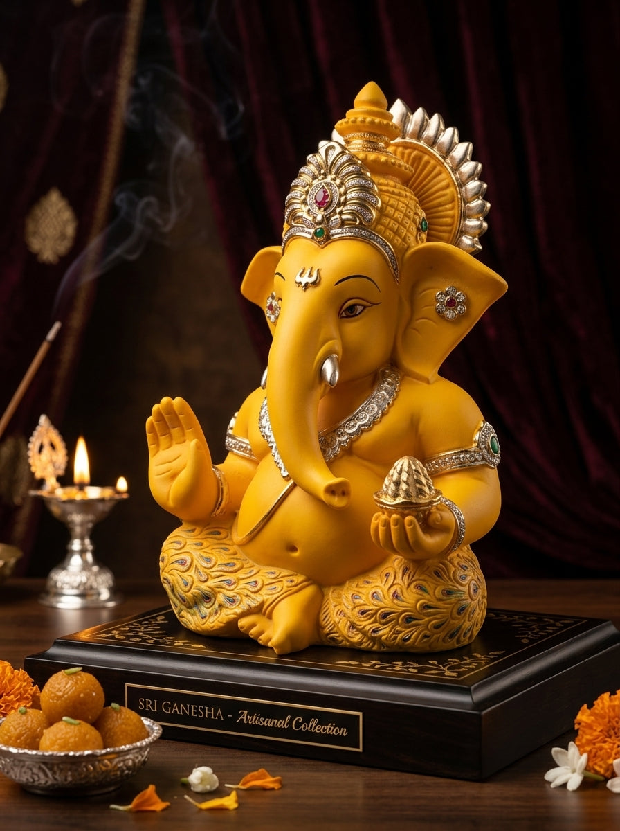 DivineAura™ Yellow Gold Finish Ganesha Idol for Car Dashboard Home Decor Gifting Diwali Birthday Festivals 3.5 x 2 Inches