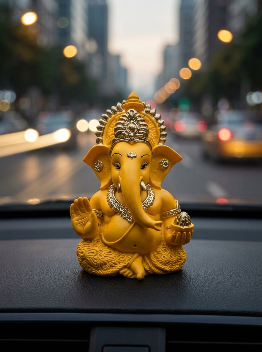DivineAura™ Yellow Gold Finish Ganesha Idol for Car Dashboard Home Decor Gifting Diwali Birthday Festivals 3.5 x 2 Inches
