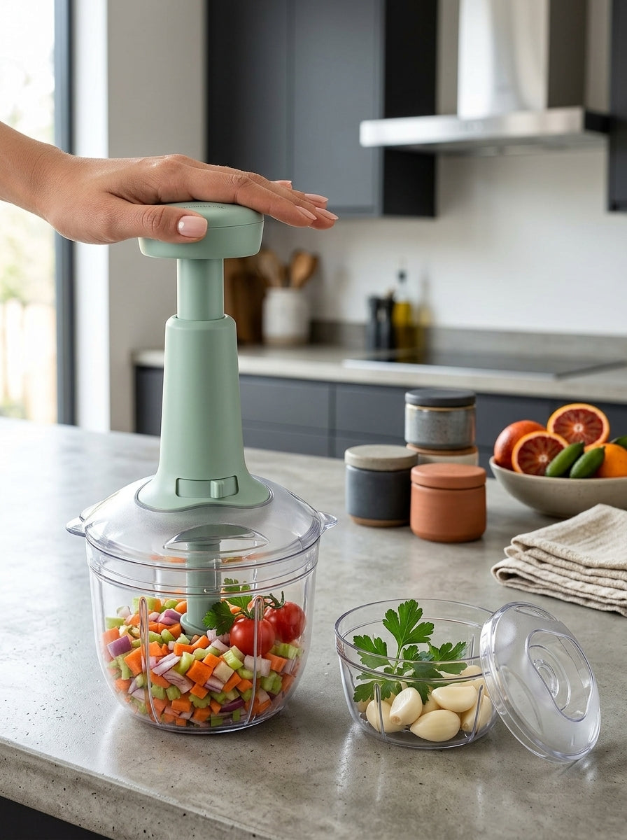 Indigo 650ml Premium Manual Push Chopper | Quick & Powerful Handheld Food Chopper with 3 Stainless Steel Blades for Vegetables, Fruits & Herbs