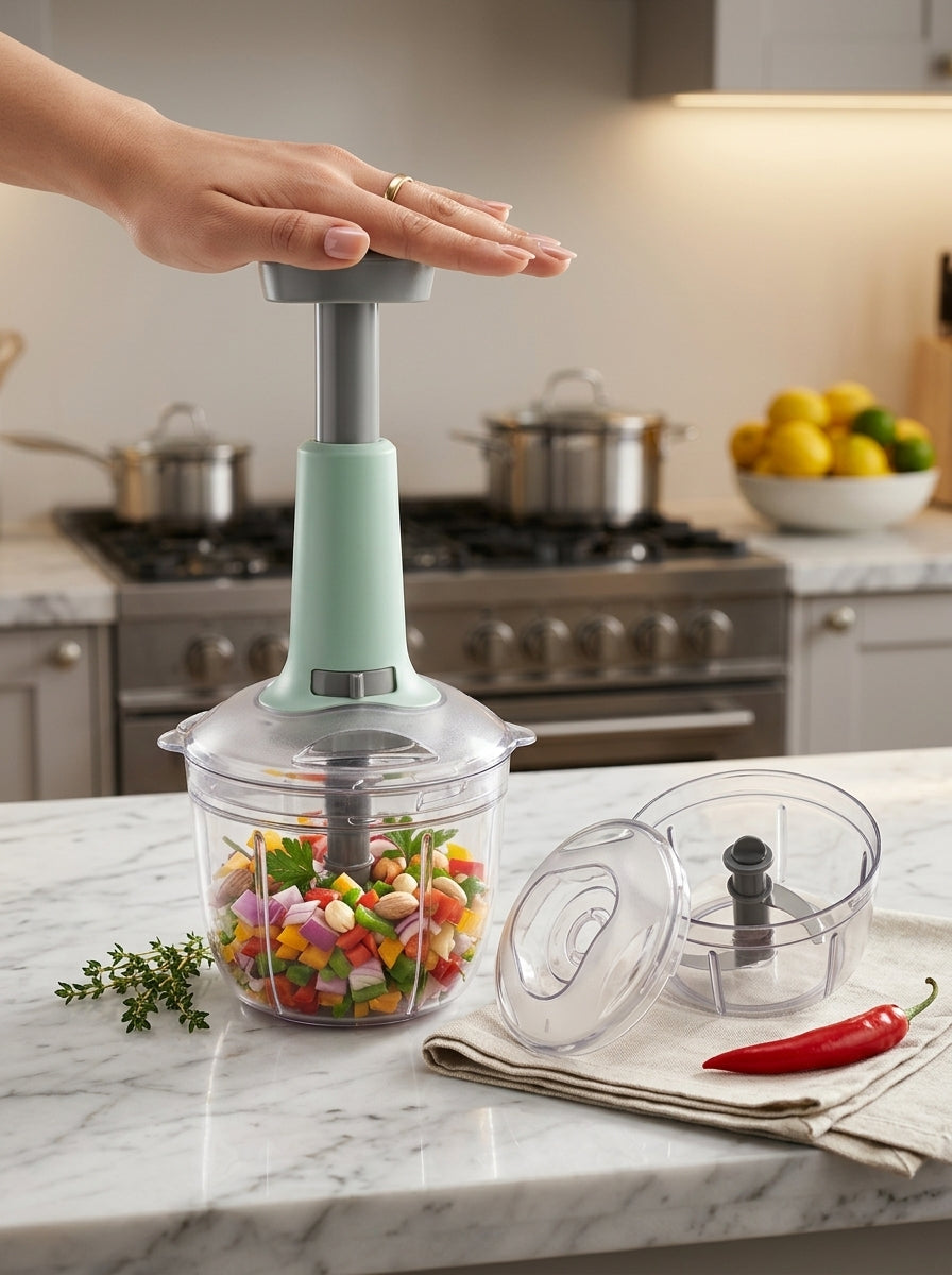 Indigo 650ml Premium Manual Push Chopper | Quick & Powerful Handheld Food Chopper with 3 Stainless Steel Blades for Vegetables, Fruits & Herbs