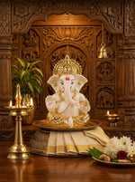 DivineAura™ Gold Finish Ganesh Idol (Not Real Gold) for Car Dashboard & Home Decor | Premium Ganpati Murti for Puja Room, Office Desk & Gifting (Gold & Cream Design)