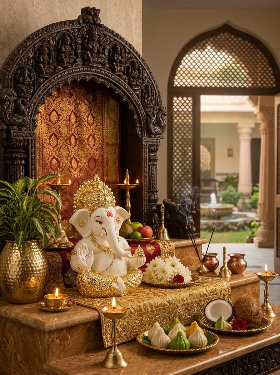 DivineAura™ Gold Finish Ganesh Idol (Not Real Gold) for Car Dashboard & Home Decor | Premium Ganpati Murti for Puja Room, Office Desk & Gifting (Gold & Cream Design)