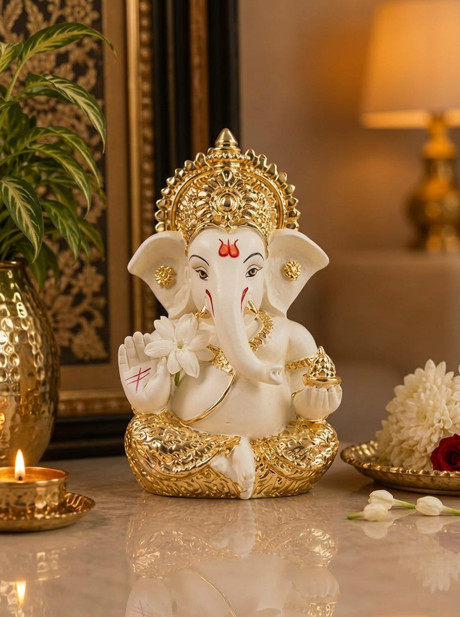DivineAura™ Gold Finish Ganesh Idol (Not Real Gold) for Car Dashboard & Home Decor | Premium Ganpati Murti for Puja Room, Office Desk & Gifting (Gold & Cream Design)