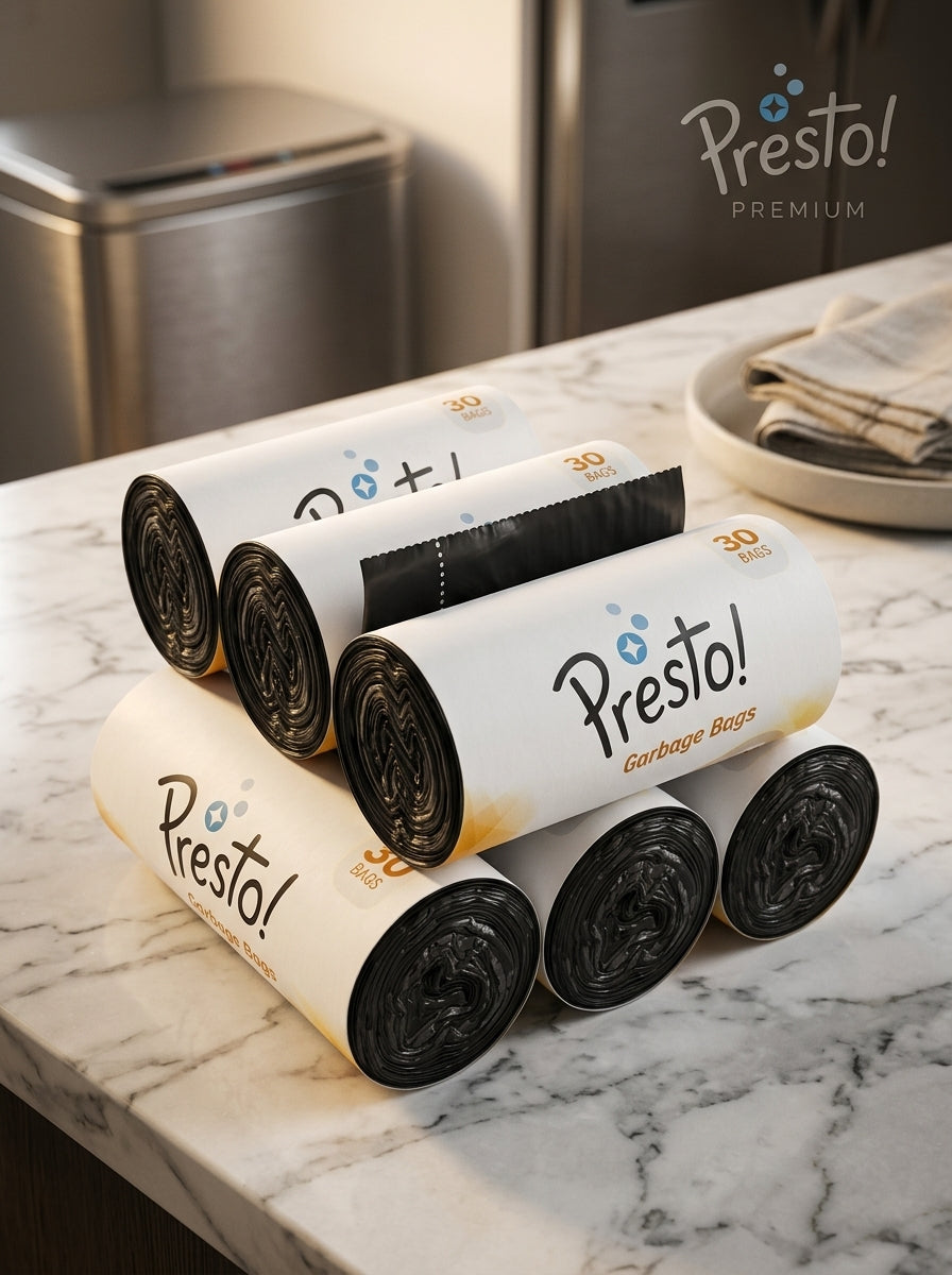 Presto! Garbage Bags | Medium | 180 Count | 30 Bags X 6 Rolls | 19 X 21 Inches | For Dry & Wet Waste | Black