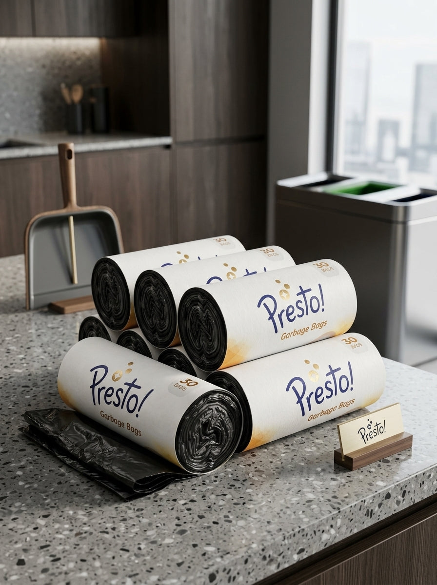 Presto! Garbage Bags | Medium | 180 Count | 30 Bags X 6 Rolls | 19 X 21 Inches | For Dry & Wet Waste | Black
