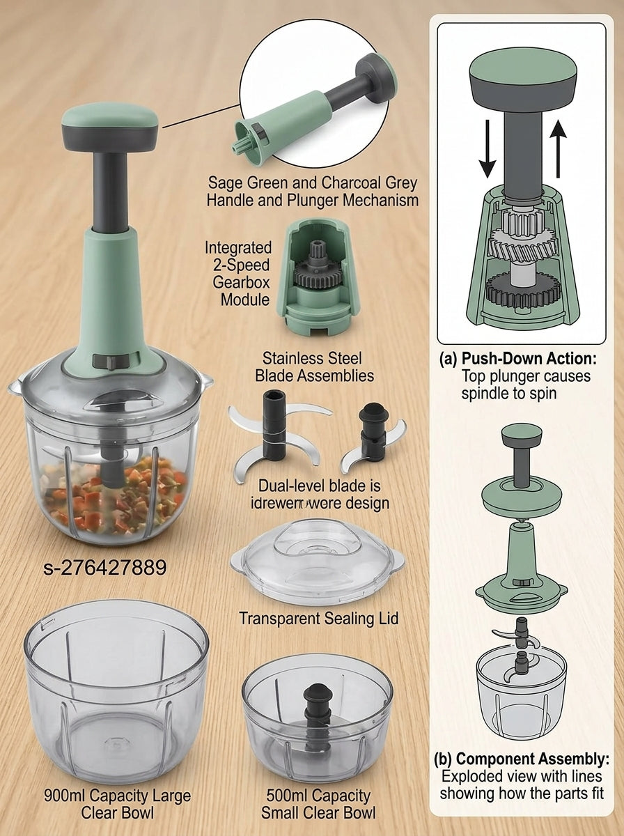 Indigo 650ml Premium Manual Push Chopper | Quick & Powerful Handheld Food Chopper with 3 Stainless Steel Blades for Vegetables, Fruits & Herbs
