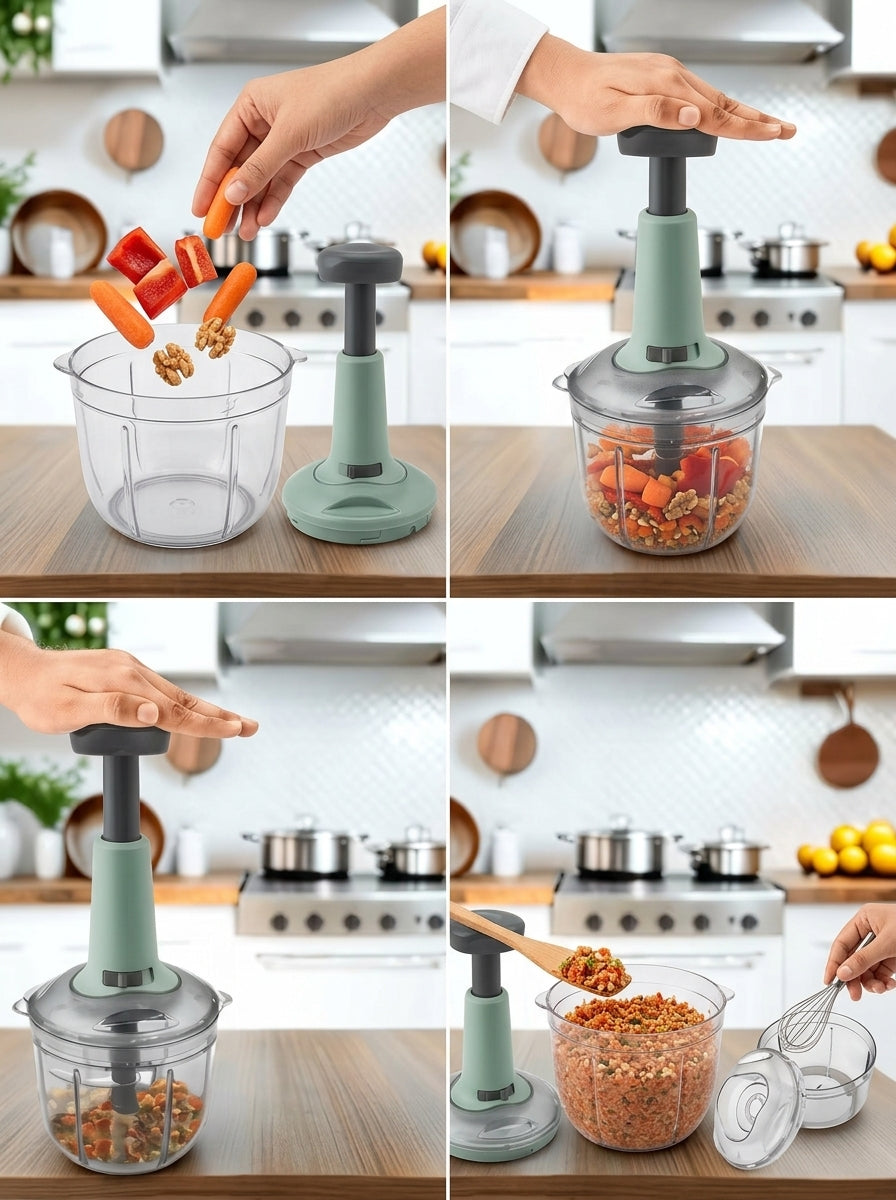 Indigo 650ml Premium Manual Push Chopper | Quick & Powerful Handheld Food Chopper with 3 Stainless Steel Blades for Vegetables, Fruits & Herbs