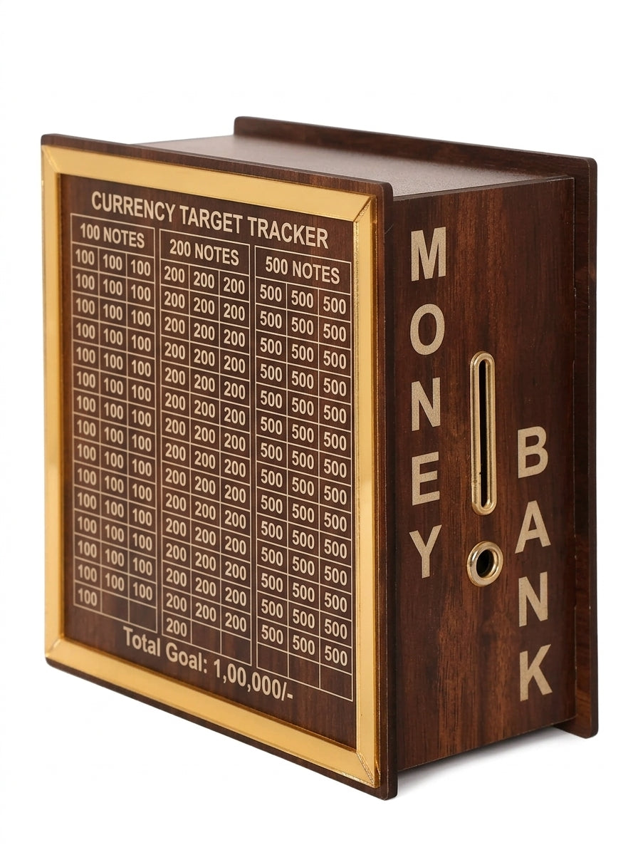 Wooden Money Saving Bank Box – Goal Tracker Coin Bank for Kids & Adults