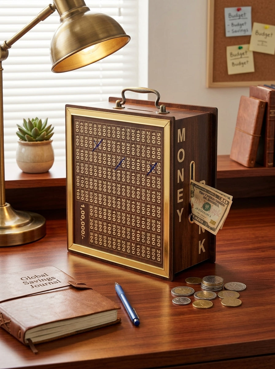 Wooden Money Saving Bank Box – Goal Tracker Coin Bank for Kids & Adults