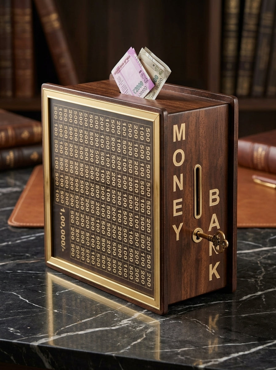 Wooden Money Saving Bank Box – Goal Tracker Coin Bank for Kids & Adults