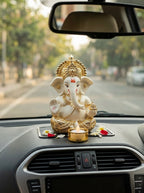 DivineAura™ Gold Finish Ganesh Idol (Not Real Gold) for Car Dashboard & Home Decor | Premium Ganpati Murti for Puja Room, Office Desk & Gifting (Gold & Cream Design)