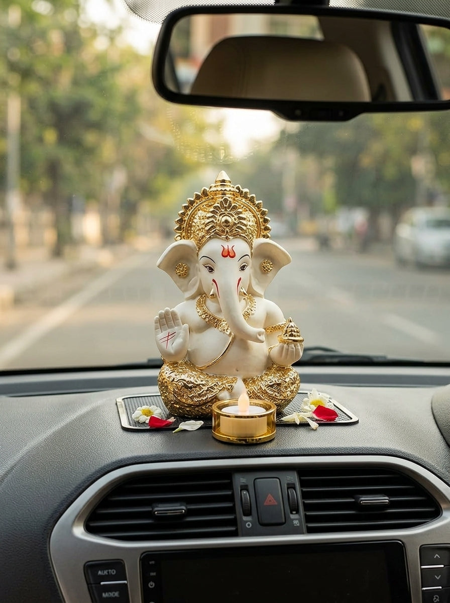 DivineAura™ Gold Finish Ganesh Idol (Not Real Gold) for Car Dashboard & Home Decor | Premium Ganpati Murti for Puja Room, Office Desk & Gifting (Gold & Cream Design)